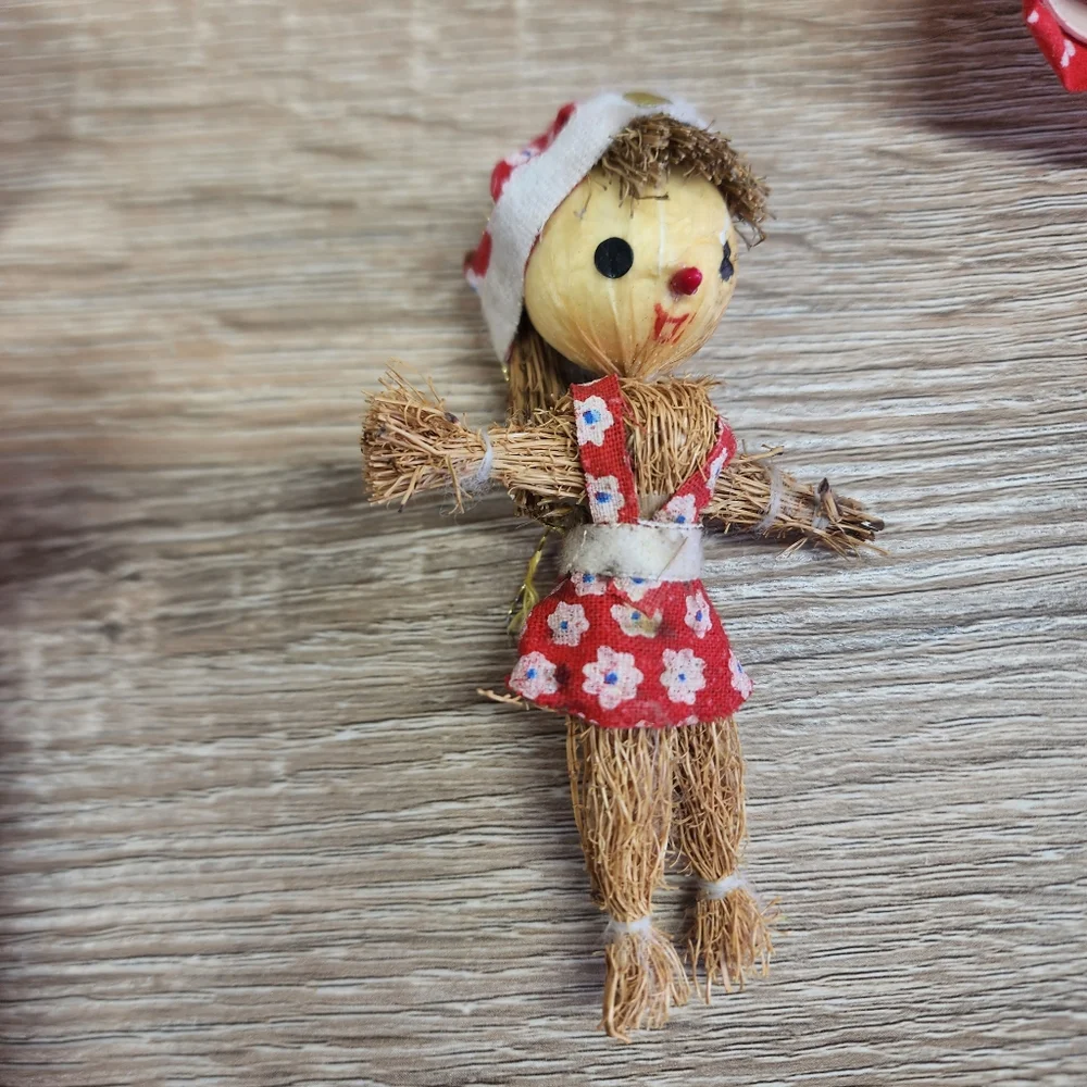 MCM VINTAGE Straw Mouse Scarecrow Corn Husk Lady Christmas Ornament Lot